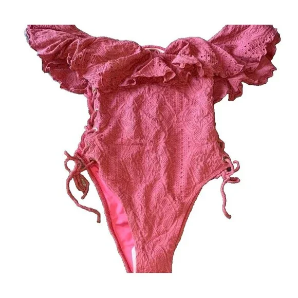 New Pink Swimsuit One Piece Lucia Ruffle Off Shoulder Side Tie Lined S-XL $170 - Picture 5 of 16